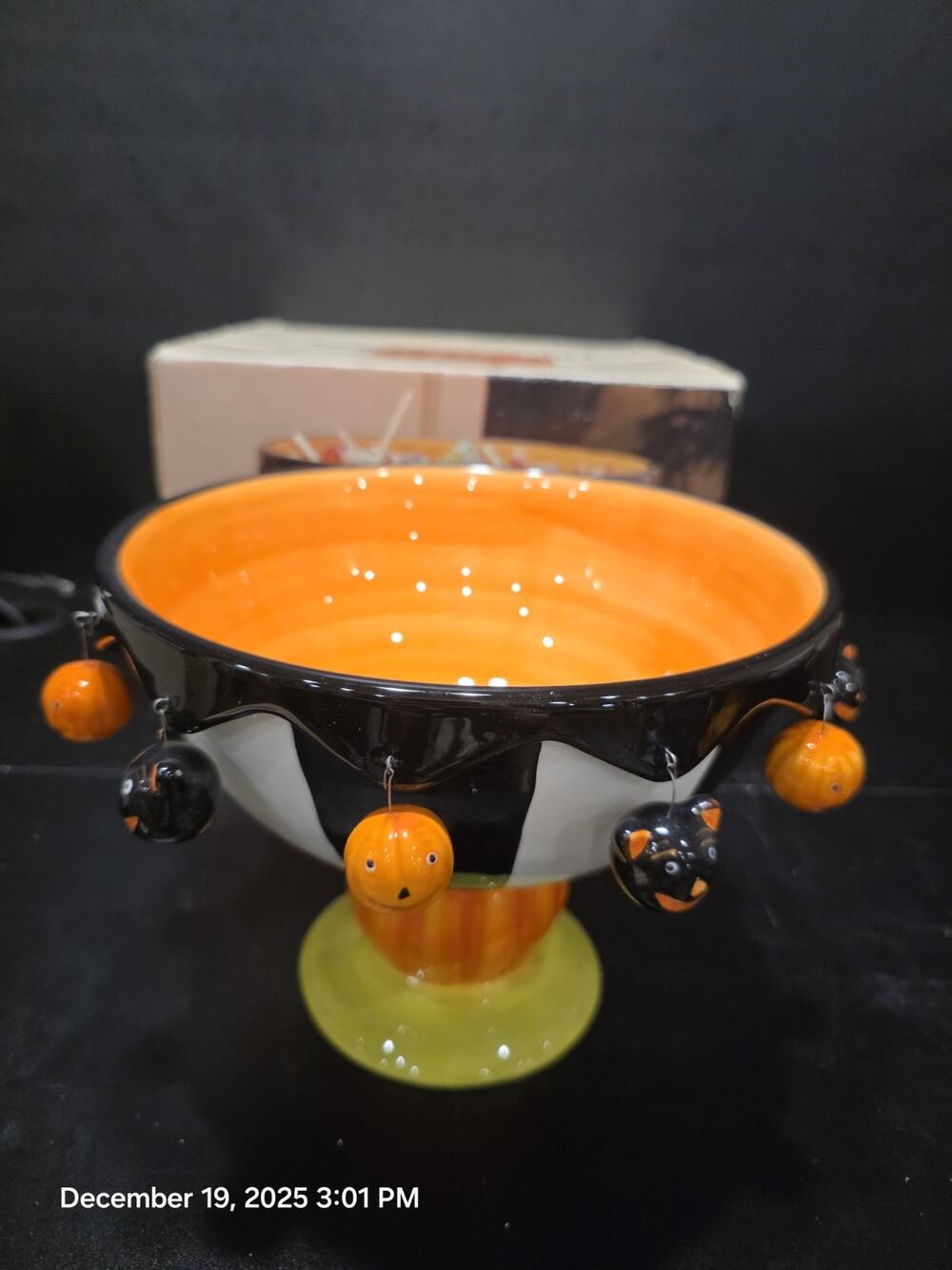 Kirkland Harvest Moon Halloween Candy Bowl Pumpkin Pedestal w Box Vintage *Read*
